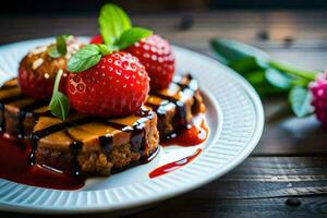 un plato coronado con fresas y chocolate salsa. generado por ai foto