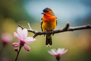 a colorful bird sits on a branch with pink flowers. AI-Generated photo
