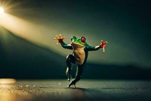 a frog is dancing on a dark floor. AI-Generated photo