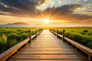 the sun rises over a wooden bridge in the middle of a field. AI-Generated photo