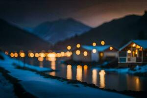 a snowy night scene with lights on the water. AI-Generated photo