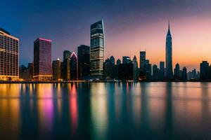 el ciudad horizonte a noche en Dubái generado por ai foto
