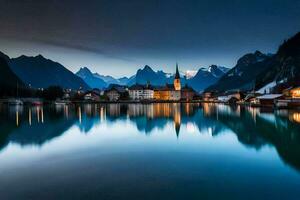 el Luna sube terminado el montañas y lago a noche. generado por ai foto