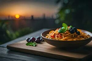 pasta with tomatoes and basil on a wooden table. AI-Generated photo