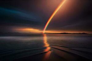 un arco iris es reflejado en el agua a puesta de sol. generado por ai foto