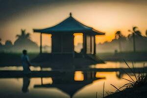 a man stands in front of a gazebo at sunset. AI-Generated photo