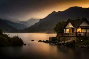 a small house sits on the shore of a lake at sunset. AI-Generated photo