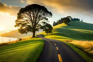 a road winding through a green field with a tree in the foreground. AI-Generated photo