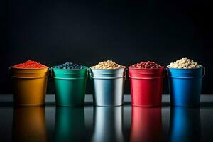 a row of colorful buckets with different types of beans. AI-Generated photo