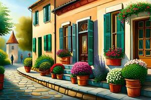 a painting of a street with flowers in pots. AI-Generated photo