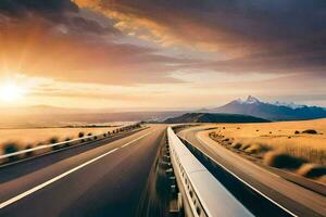 un autopista con un puesta de sol en el antecedentes. generado por ai foto