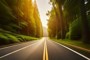 a blurry image of a road in the woods. AI-Generated photo