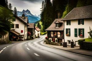 a street in the alps with mountains in the background. AI-Generated photo