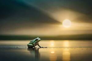 a frog sitting on the water at sunset. AI-Generated photo