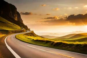 un la carretera devanado mediante el montañas a puesta de sol. generado por ai foto