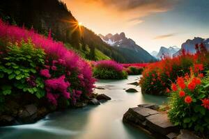 the sun is setting over a river with flowers and rocks. AI-Generated photo
