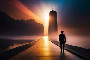 a man stands on a bridge looking at a tower. AI-Generated photo