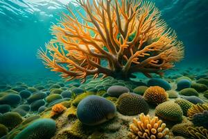 an underwater scene with coral and sea anemones. AI-Generated photo