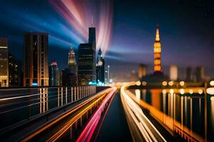 a long exposure photograph of a city skyline at night. AI-Generated photo