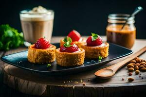 strawberries and peanut butter on a plate with a cup of coffee. AI-Generated photo