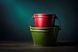 two red and green buckets on a wooden table. AI-Generated photo