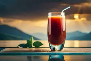 a glass of juice with a straw on the table. AI-Generated photo