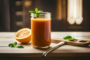 un vaso de naranja jugo con menta hojas en un de madera mesa. generado por ai foto