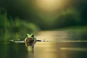 a frog is sitting on the water in the middle of a pond. AI-Generated photo