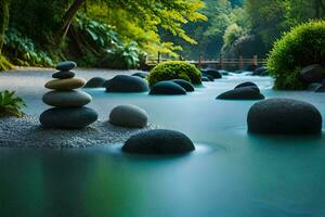 rocks stacked in the water with a green forest in the background. AI-Generated photo