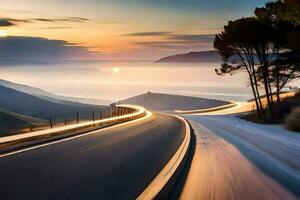 un largo exposición fotografía de un la carretera en el montañas. generado por ai foto