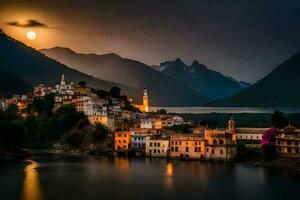 el Luna sube terminado un pueblo en el apuntalar de un lago. generado por ai foto