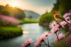 a bird sits on a pink flower in front of a river. AI-Generated photo