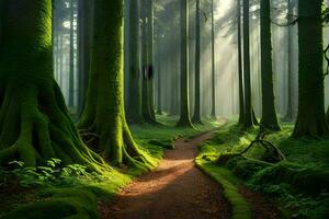 a path through a green forest with mossy trees. AI-Generated photo