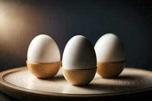 three eggs on a wooden plate. AI-Generated photo