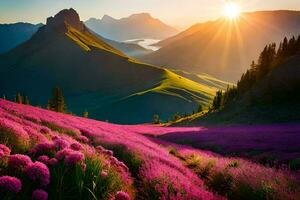 the sun rises over the mountains and flowers in the foreground. AI-Generated photo