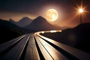 a train track with a full moon in the background. AI-Generated photo