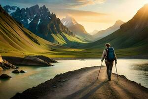 un hombre con emigrar polos caminando a lo largo un camino en el montañas. generado por ai foto