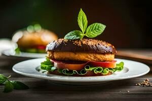 a hamburger with lettuce and tomato on a white plate. AI-Generated photo