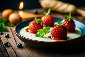 fresas y crema en un bol. generado por ai foto