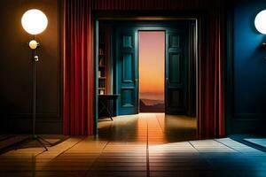 a room with a door and two lamps. AI-Generated photo