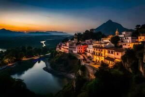 el puesta de sol terminado un pueblo en Italia. generado por ai foto