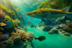 fish swimming in the ocean with coral reefs and fish. AI-Generated photo