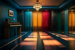 a room with a piano and colorful curtains. AI-Generated photo