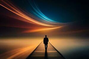 a man standing on a dock looking at the sky. AI-Generated photo