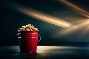 a red bucket filled with peanuts on a table. AI-Generated photo