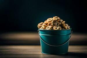 a bucket filled with cookies on a table. AI-Generated photo