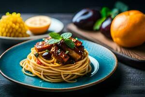 spaghetti with meat and vegetables on a plate. AI-Generated photo