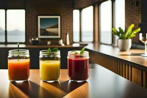 three jars of juice sit on a table in a kitchen. AI-Generated photo