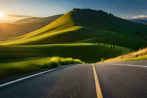 the sun rises over a green field and a road. AI-Generated photo