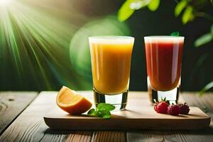 two glasses of juice with raspberries and oranges. AI-Generated photo